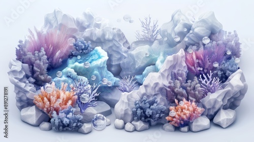 Fototapeta Naklejka Na Ścianę i Meble -  Vibrant digital illustration of an underwater coral reef with colorful aquatic plants and rocks in a serene, fantasy setting.