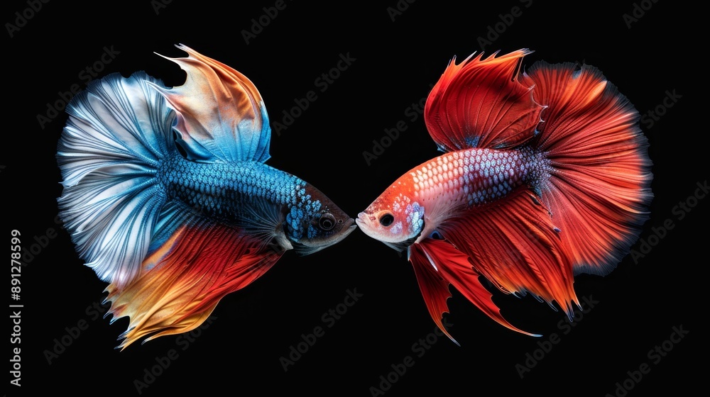 Two vibrant betta fish with flowing fins swim towards each other against a black background, displaying radiant colors in intricate detail. Two vibrant betta fish with flowing fins swim towards each other against a black background, displaying radiant colors in intricate detail.
