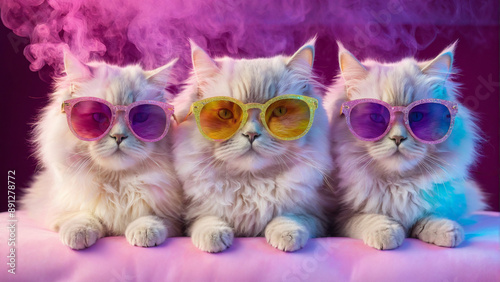 Three Cool Cats, Three fluffy white kittens sporting colorful sunglasses strike a playful pose on a vibrant pink surface against a backdrop of ethereal purple and pink smoke.