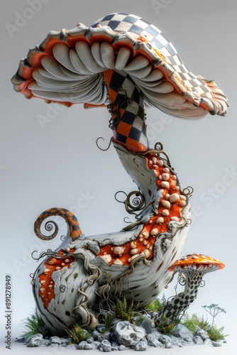 Fantasy Mushroom Sculpture with Whimsical Design and Intricate Details. photo