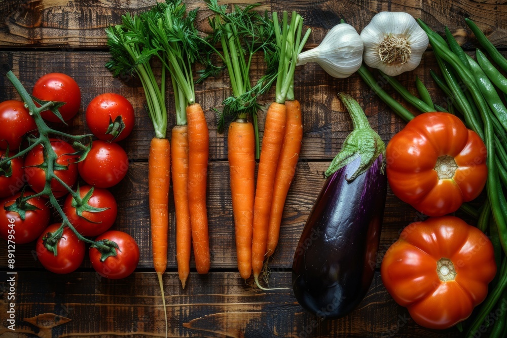 A flat lay of colorful vegetables including carrots, tomatoes and zucchini arranged on an old wooden table A flat lay of colorful vegetables including carrots, tomatoes and zucchini arranged on an old wooden table