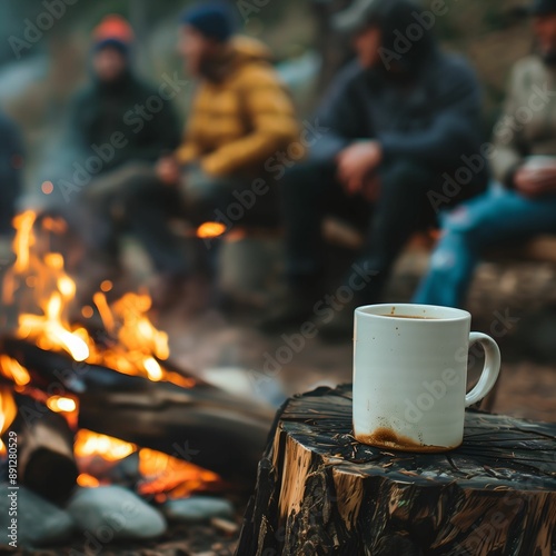 there is a group of people sitting around a campfire, on a log in the foreground sits a plain white coffee mug, zoom in slightly on the mug