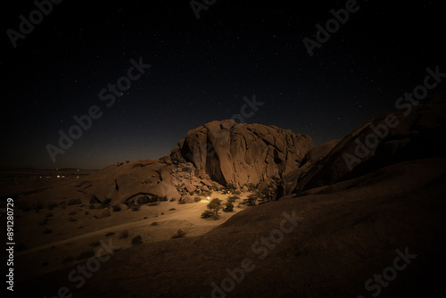 Spitzkoppe landscape at night with camping, Namibia