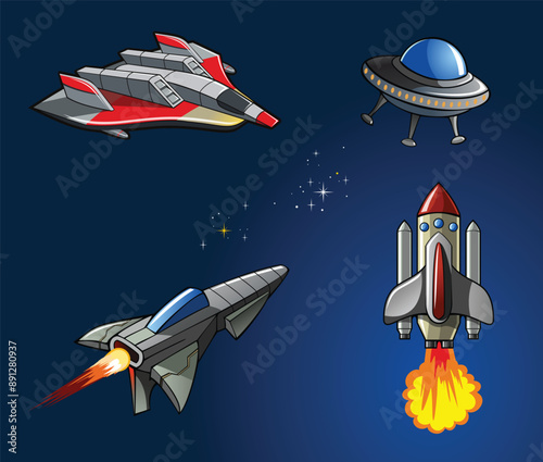 Set of spaceships or rocket ships or UFO in universe, isolated on background, vector illustration