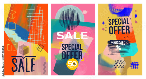 Set of art web abstract header template. Collection of poster collage made with scribbles, canyon strokes, marker, geometric shapes, brush, ink drawn splashes. Vector bright colored cover template.