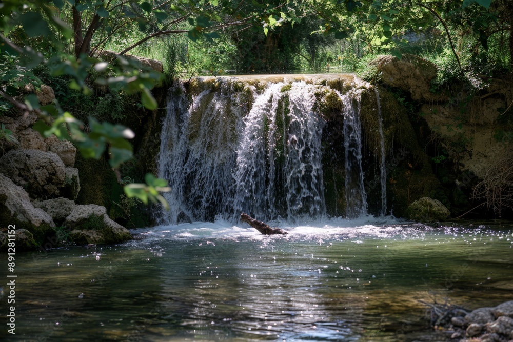 A quiet small waterfall cascades gently into shallow, serene waters, nestled among dense green foliage and rocky formations, embodying nature's peaceful embrace. A quiet small waterfall cascades gently into shallow, serene waters, nestled among dense green foliage and rocky formations, embodying nature's peaceful embrace.