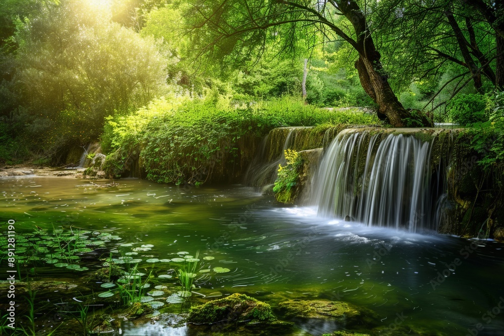 A small idyllic waterfall tumbles into a reflective pool in a lush green forest, capturing the tranquility and serenity of nature's untouched beauty and peaceful ambiance. A small idyllic waterfall tumbles into a reflective pool in a lush green forest, capturing the tranquility and serenity of nature's untouched beauty and peaceful ambiance.