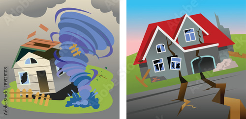 Natural disasters, tornado and earthquake, catastrophes of the world, vector illustration