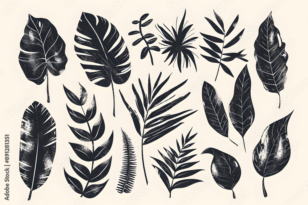 Hand drawn set of grunge modern textured brush black leaves isolated on white background Hand drawn set of grunge modern textured brush black leaves isolated on white background