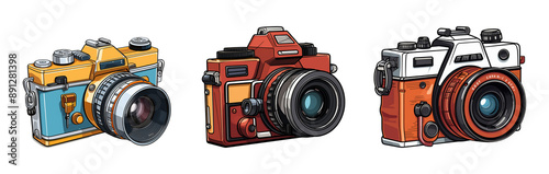 Set of comic/ cartoon vintage camera isolated on a transparent background. 
