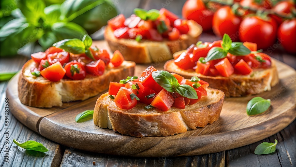 Italian bruschetta with tomatoes and basil being prepared on wooden cutting board Italian bruschetta with tomatoes and basil being prepared on wooden cutting board