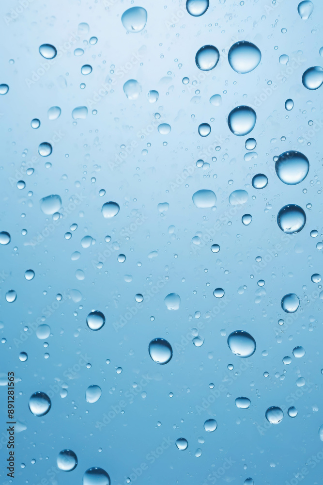 Clear Water Droplets Clinging to a Smooth Surface Against a Light Blue Background Clear Water Droplets Clinging to a Smooth Surface Against a Light Blue Background