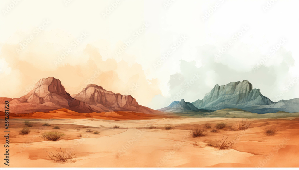 Naklejka premium Vast and Arid Desert Landscape with Red Rock Formations Under a Clear Blue Sky