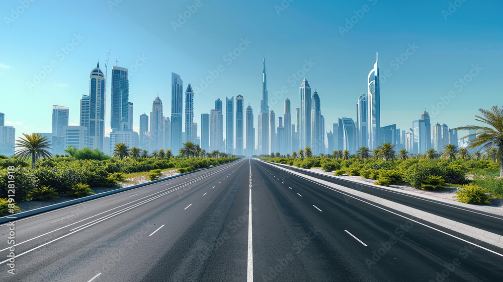 Naklejka premium A wide highway leads to the city skyline