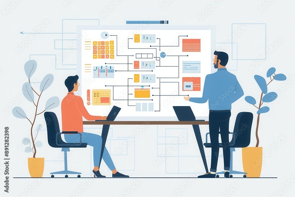 A team collaborates on a project with laptops, discussing flowcharts and diagrams in a modern workspace. A team collaborates on a project with laptops, discussing flowcharts and diagrams in a modern workspace.