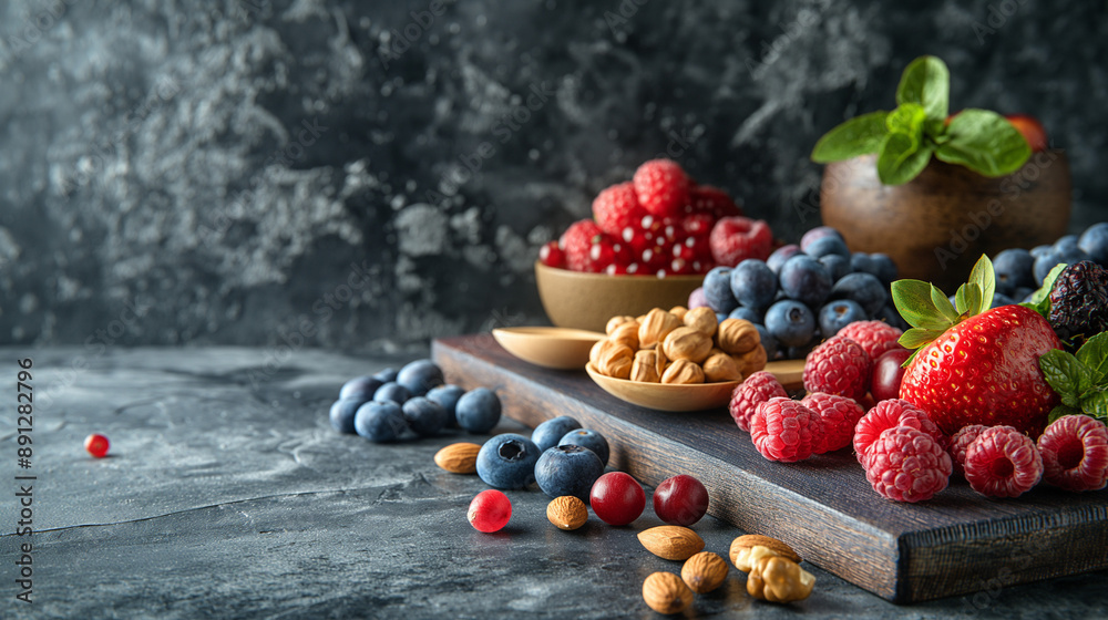 background a black wall, summer fruits, sultanas, nuts and small wooden spoons lie on a coarse dark wooden plate. background a black wall, summer fruits, sultanas, nuts and small wooden spoons lie on a coarse dark wooden plate.
