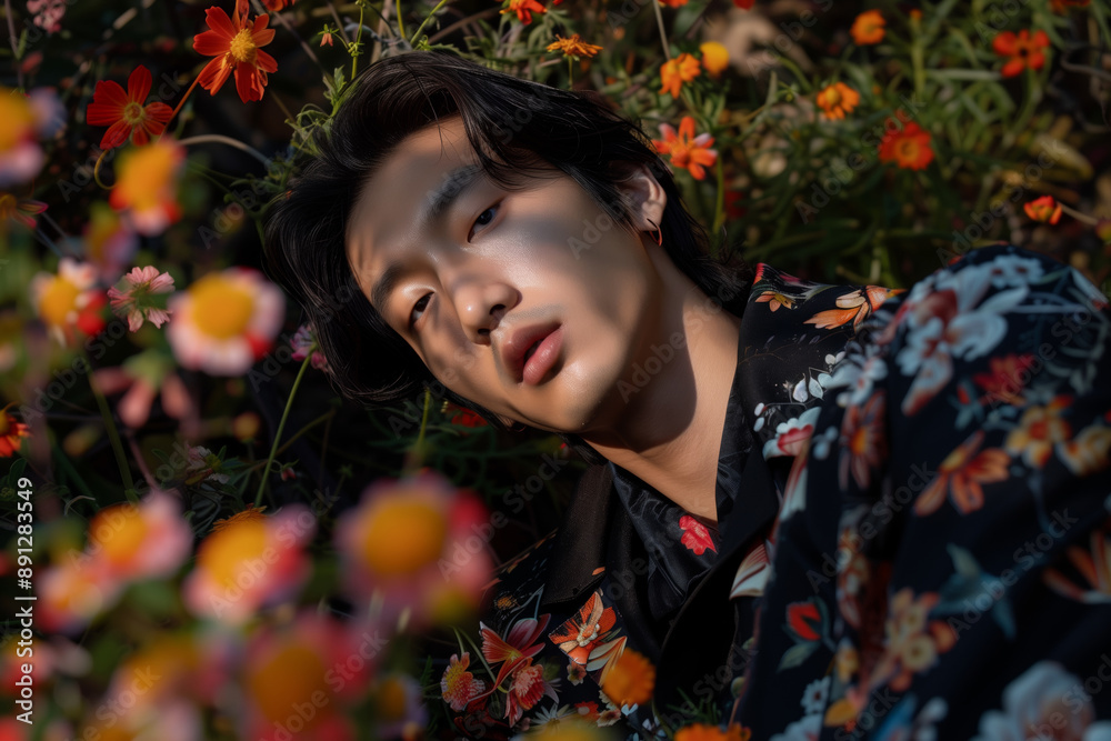 A young man with long, dark hair lies in a field of colorful flowers. He is wearing a black shirt with a floral pattern