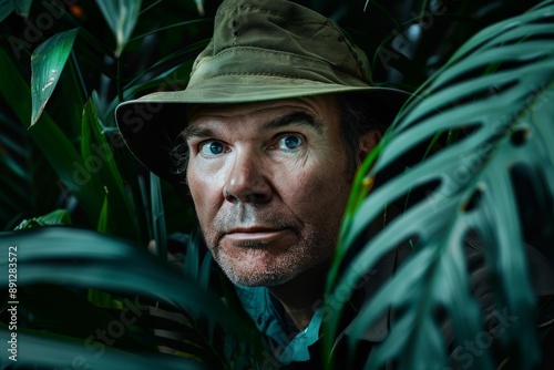A man with a serious expression wears a green hat and peers through dense jungle foliage, capturing a moment of exploration and determination in the wild. © ChaoticMind