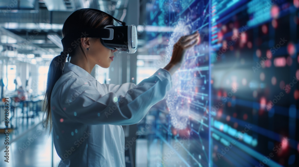 Female scientist wearing a VR headset Female scientist wearing a VR headset