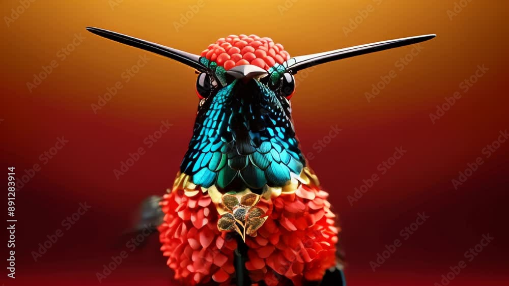 Vibrant jewel-toned bird perched on a branch, its feathers shimmering with gem-like qualities. Iridescent plumage in sapphire blue, emerald green, and ruby red. Crystalline elements adorn its wings an Vibrant jewel-toned bird perched on a branch, its feathers shimmering with gem-like qualities. Iridescent plumage in sapphire blue, emerald green, and ruby red. Crystalline elements adorn its wings an