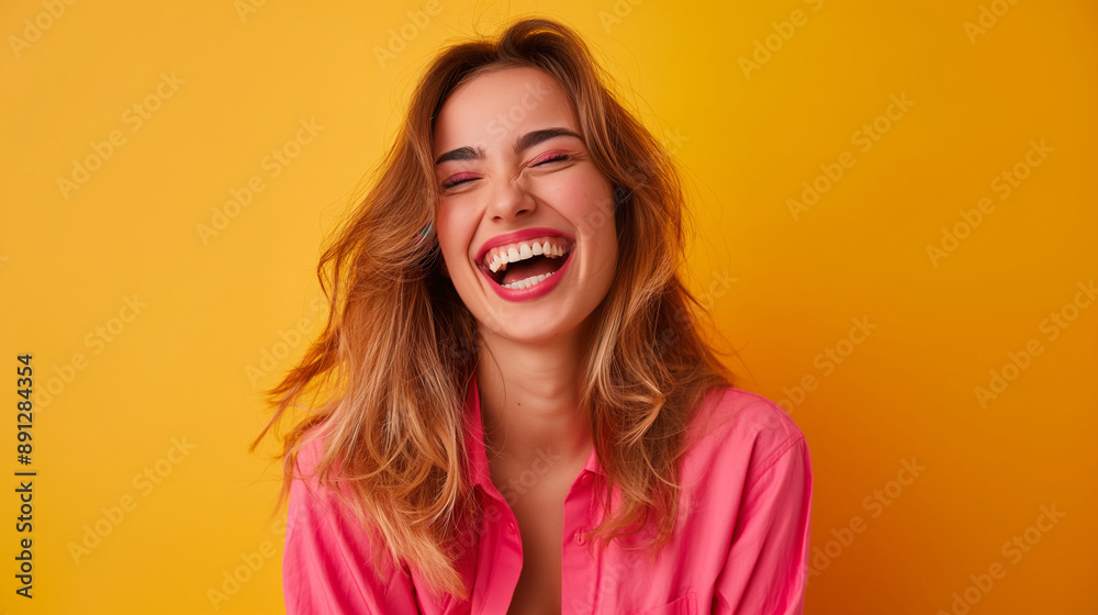 A happy young Caucasian woman laughs heartily while wearing a pink shirt against a yellow background, radiating joy and warmth through her expression and setting. A happy young Caucasian woman laughs heartily while wearing a pink shirt against a yellow background, radiating joy and warmth through her expression and setting.