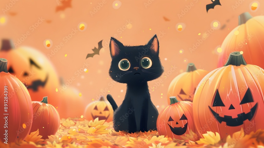 Fototapeta premium Black Cat Halloween Pumpkin Patch.