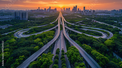 Aerial view of a highway intersection in a green forest with a city skyline at sunset