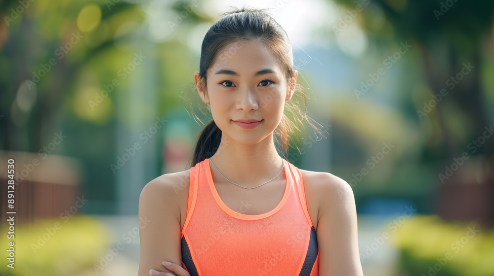 A confident young Asian girl in orange sportswear stands outdoors with crossed arms, her face reflecting calmness and assertiveness. A confident young Asian girl in orange sportswear stands outdoors with crossed arms, her face reflecting calmness and assertiveness.