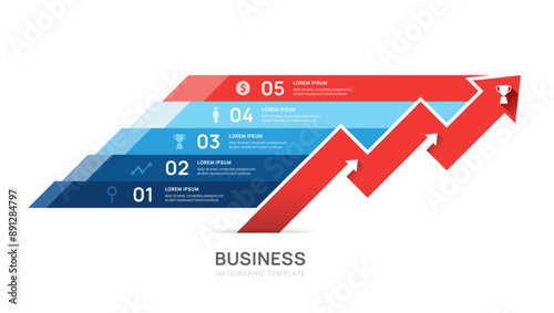 Red arrow 5 steps to goal infographic template for business, presentation vector infographics.