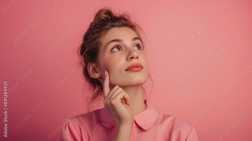 A thoughtful Caucasian woman in a pink blouse gazes upward against a matching pink background, presenting a serene and contemplative expression, highlighting peacefulness and introspection. A thoughtful Caucasian woman in a pink blouse gazes upward against a matching pink background, presenting a serene and contemplative expression, highlighting peacefulness and introspection.