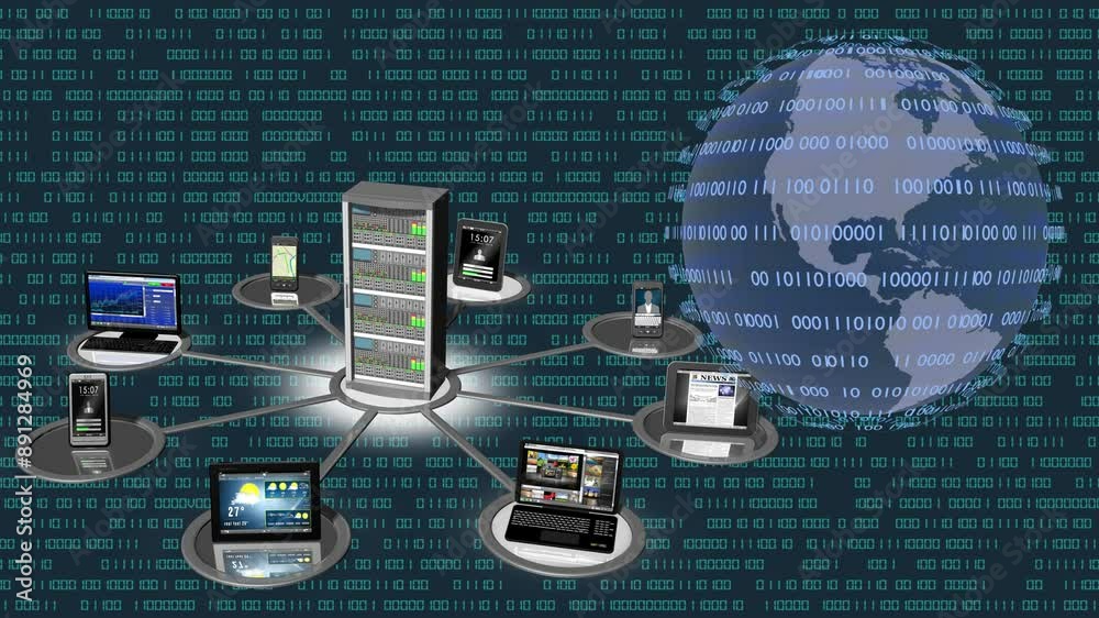Filmato. Illustrazione 3D. Sfondo mondo digitale. Sequenza di zero e uno concetto di connessione globale tra persone, social network, e dispositivi informatici