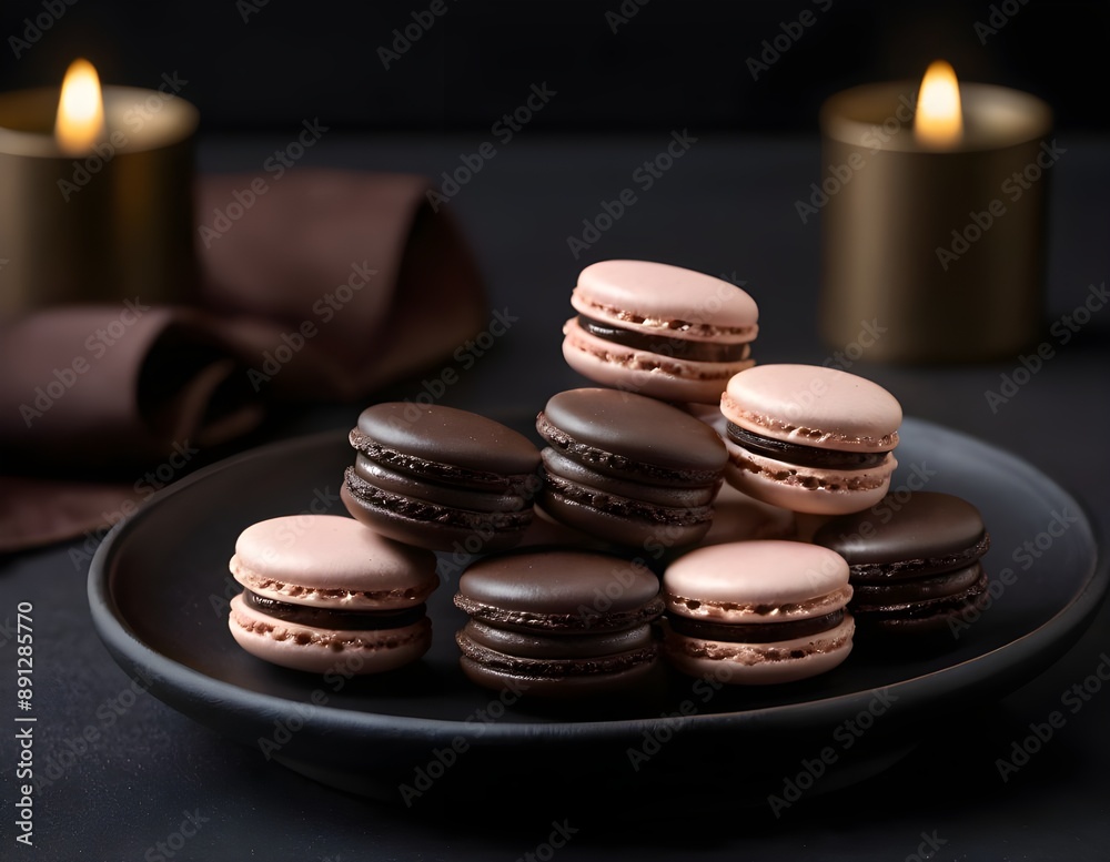 Closeup of Chocolate Macarons on a Black Plate With a Brown Napkin Closeup of Chocolate Macarons on a Black Plate With a Brown Napkin