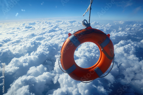 Lifebuoy floating above clouds hitched onto bucking aircraft photo