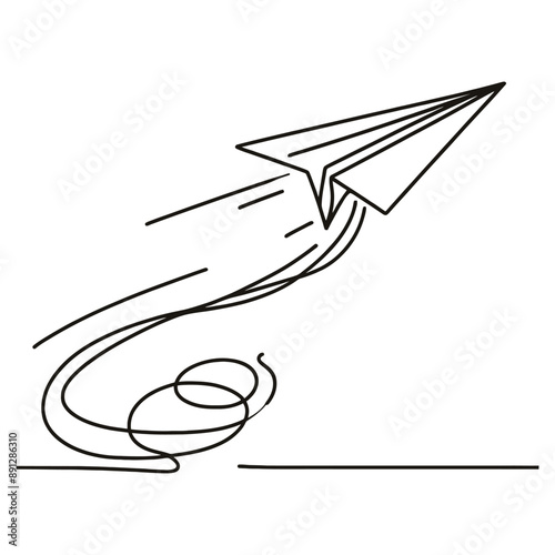 A continuous line drawing of a paper airplane in flight, capturing its simplicity and motion with a trail line.
