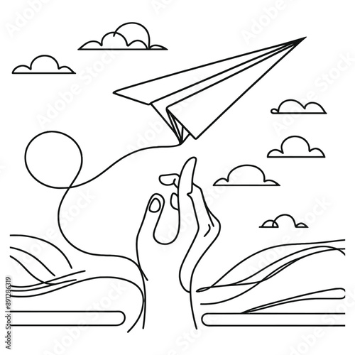 The drawing features a paper airplane in flight, using one continuous line to illustrate its simple and fluid motion.