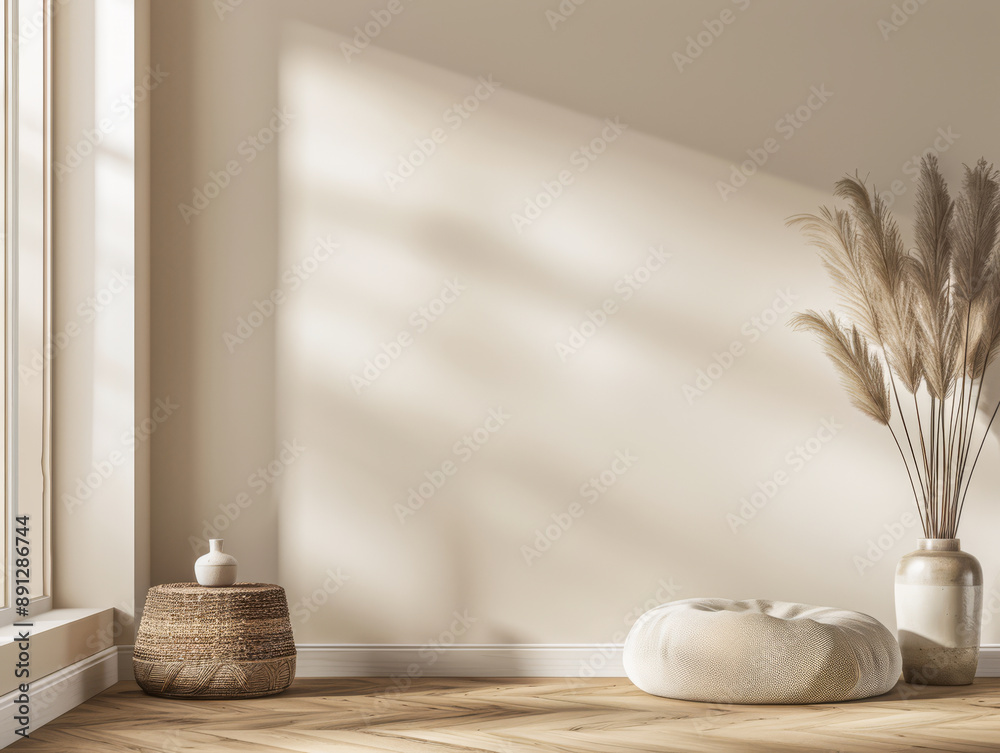 Minimalist serene corner in an apartment room with minimal decor and copy space. Relaxing and meditation spaces conceptual image. Minimalist serene corner in an apartment room with minimal decor and copy space. Relaxing and meditation spaces conceptual image.