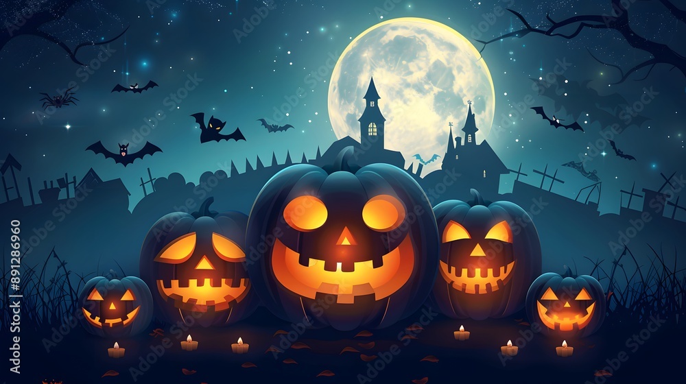 Mystic Halloween Background, Jack O' Lanterns In Graveyard In The Spooky Night, Halloween background design Mystic Halloween Background, Jack O' Lanterns In Graveyard In The Spooky Night, Halloween background design