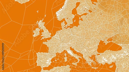 graphic design asset map of west europe, outlines white, roads on orange background photo