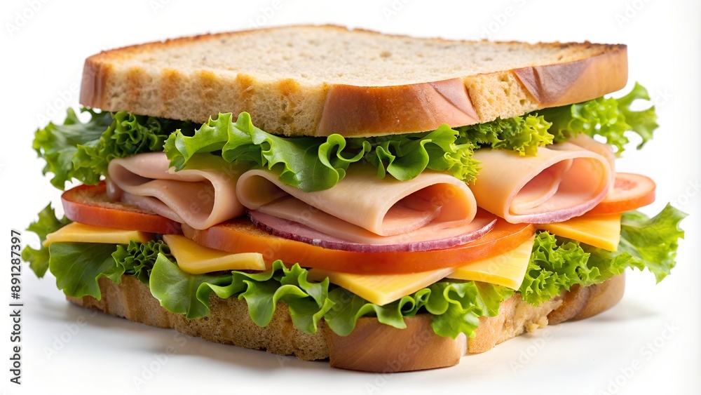 Delicious sandwich with ham, cheese, tomato and lettuce on a white background Delicious sandwich with ham, cheese, tomato and lettuce on a white background