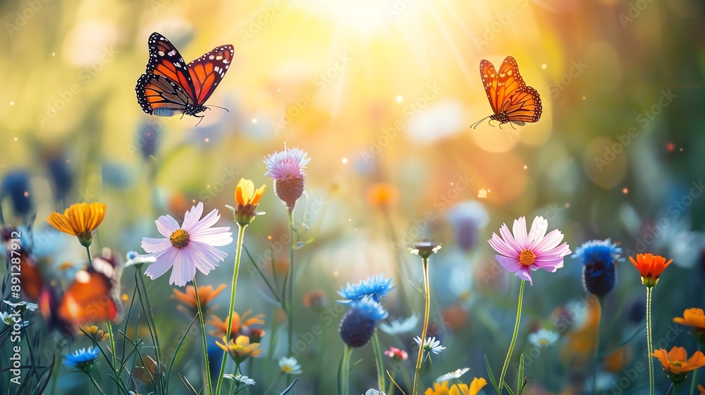 Vibrant butterflies flutter above a colorful wildflower meadow, bathed in warm sunlight, capturing the essence of summer and nature's beauty. Vibrant butterflies flutter above a colorful wildflower meadow, bathed in warm sunlight, capturing the essence of summer and nature's beauty.