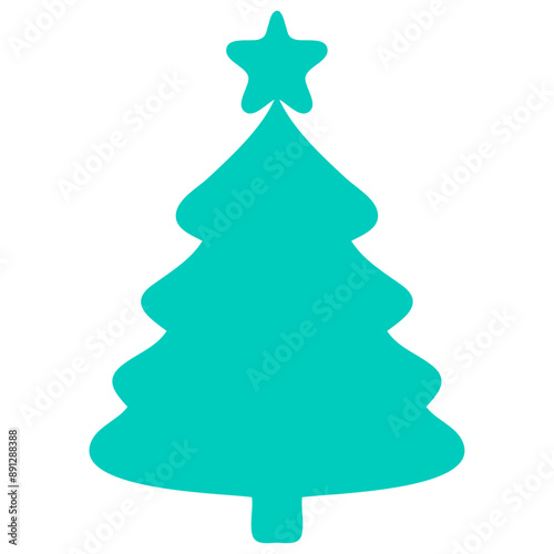 A simple silhouette of a Christmas tree in a solid turquoise color, featuring a star on top and a layered, conical shape with a trunk at the bottom