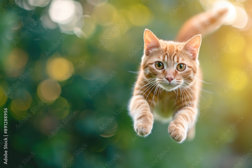 Obraz premium Happy Red Tabby Cat Leaping in Air Against Bright Green Canvas