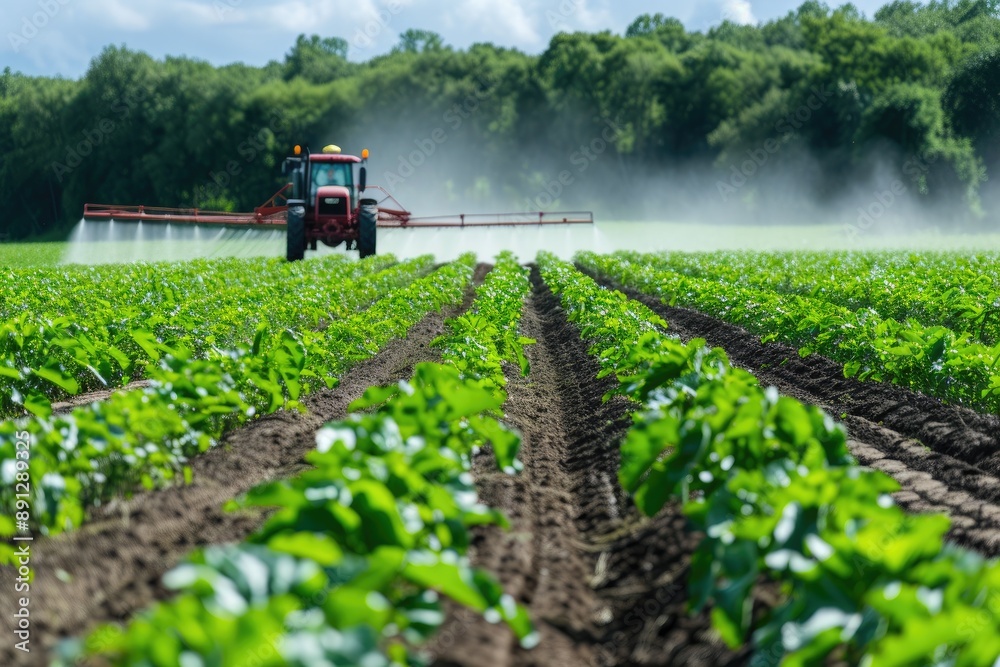 Irrigation Tractor Spraying Fields of Green Crops Irrigation Tractor Spraying Fields of Green Crops