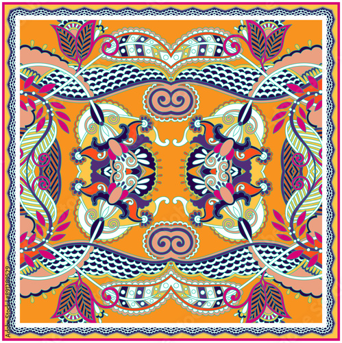 Traditional ornamental floral paisley bandanna Print on Yellow background.  this vector pattern used in the design of carpet, shawl, pillow, cushion square pattern design style for print on fabric.