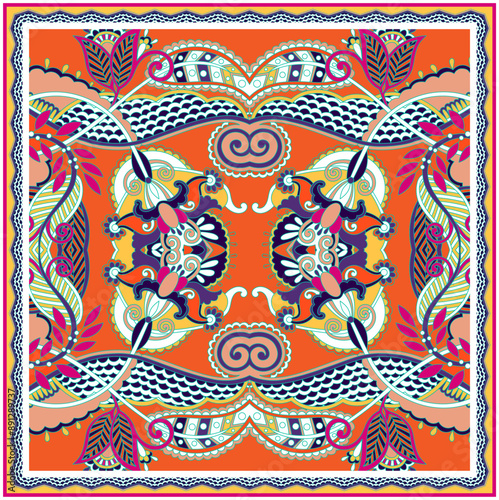 Traditional ornamental floral paisley bandanna Print on Orange background.  this vector pattern used in the design of carpet, shawl, pillow, cushion square pattern design style for print on fabric.
