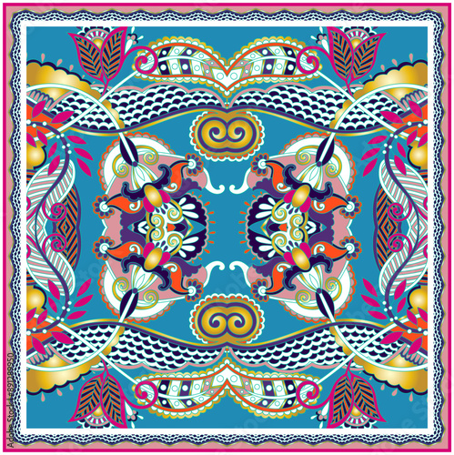 Traditional ornamental floral paisley bandanna Print on Turquoise background.  this vector pattern used in the design of carpet, shawl, pillow, cushion square pattern design style for print on fabric.