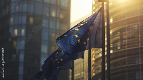 EU Institutional Flag Waving in Cityscape photo