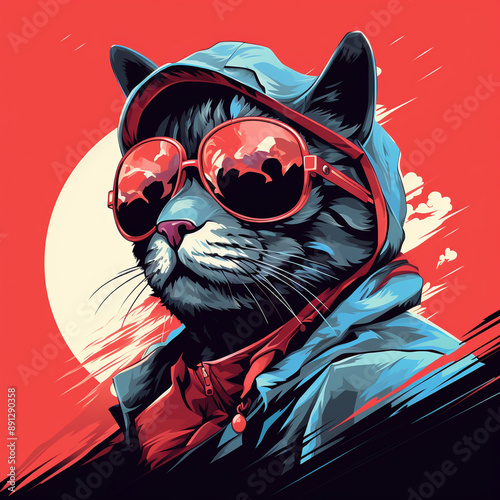 close up illustration cat in the style of sky-blue and red wearing a sunglass