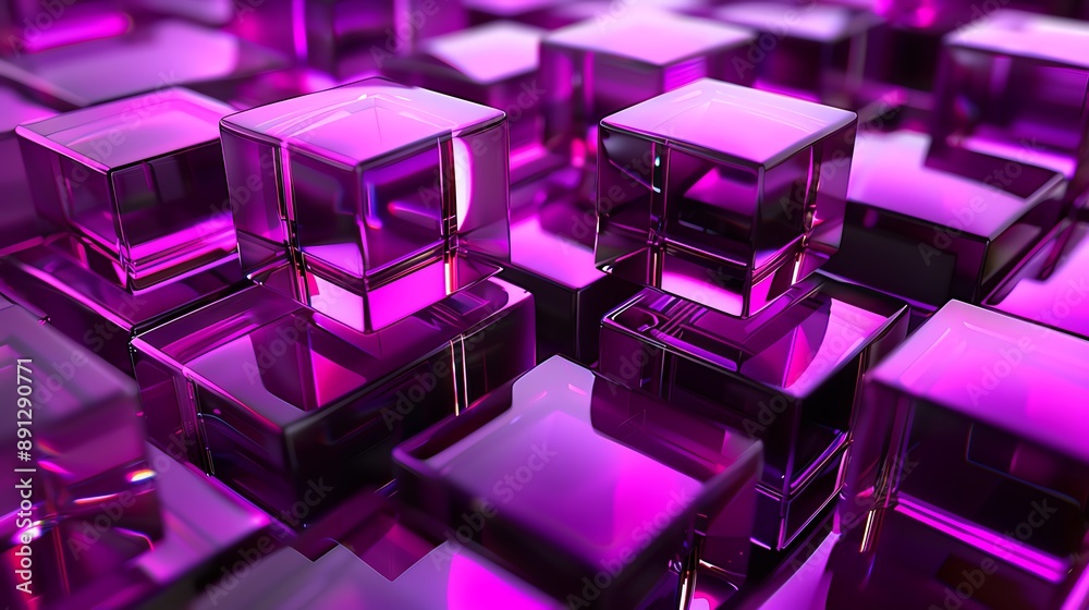 A visually captivating arrangement of translucent purple cubes of varying heights arranged in a grid pattern The cubes have a glossy