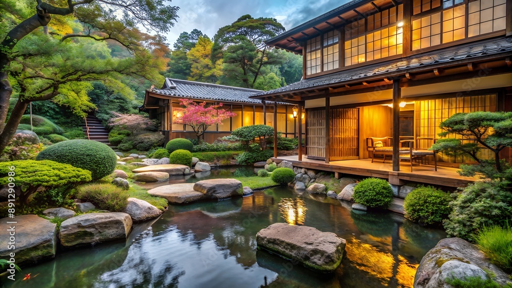 Luxurious japanese home exterior with tranquil garden at dusk Luxurious japanese home exterior with tranquil garden at dusk